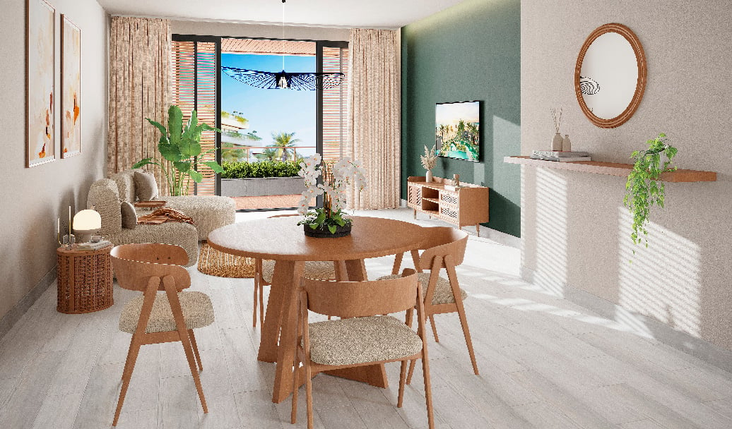 vista comedor sala atlantida apartamentos proyecto inmobiliario punta cana bavaro - Urban Group 