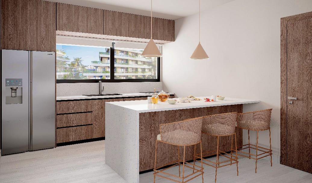 vista desayunador cocina sala atlantida apartamentos proyecto inmobiliario punta cana bavaro - Urban Group 